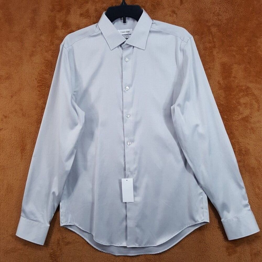 CALVIN KLEIN Dress Shirt Size 15.5 34 35 Solid Grey Slim Stretch Wrinkle Free